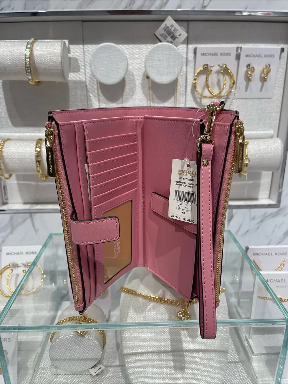MICHAEL KORS Pink Floral Zip Wallet Wristlet with Gold Hardware